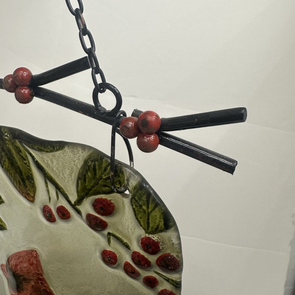 Red Cardinal Artisan Suncatcher Metal Decor Hanger 9" X 7" Holly Branch Glass - Picture 9 of 14